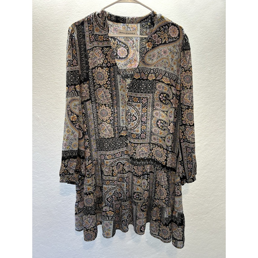 Emma & Michele Dress Womens Size XL Black Paisley Floral Tiered Cottagecore BOHO